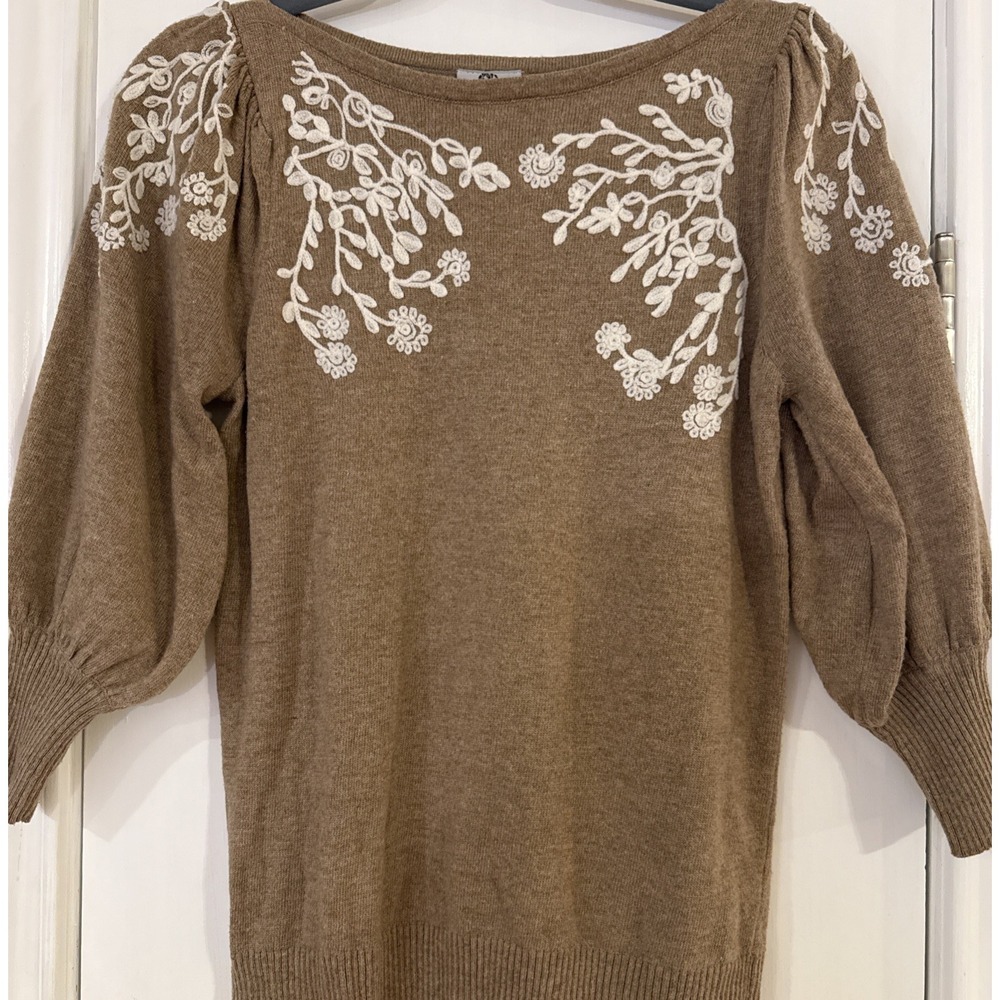 Rain & Rose Heather Brown Women's XS Embroidered Sweater Angora Boho Balloon SLV